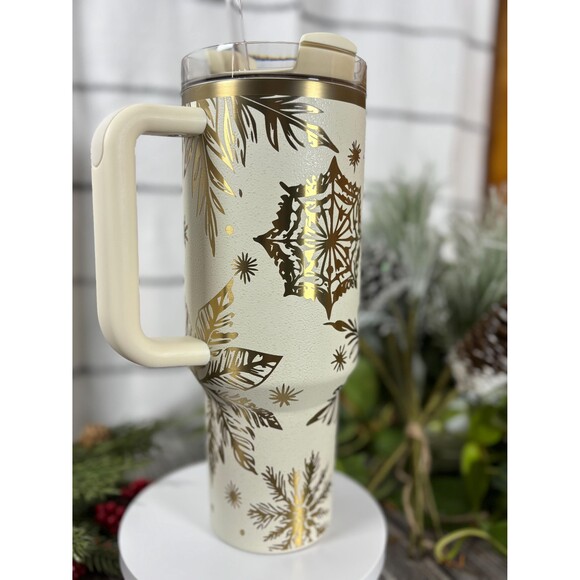 40oz Custom Engraved Etched Stanley Winter Christmas Cup, Snowflakes, Cream Moon - Picture 7 of 10